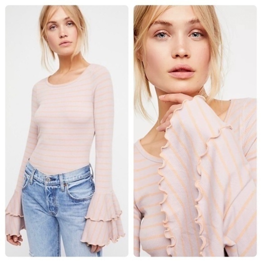 Free People We The Free Good Find Top Dusty Print Stripped Top Bell Sleeves